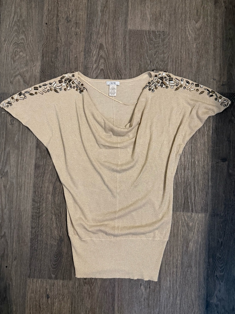 Y2K Cache Beige Metallic Knit Embellished Drape Neck Cold Shoulder Top